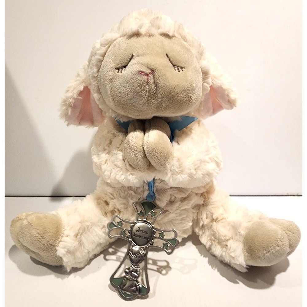 Ganz Serenity Lamb w/Blue ribbon and silver & green cross Plush Stuffed Animal